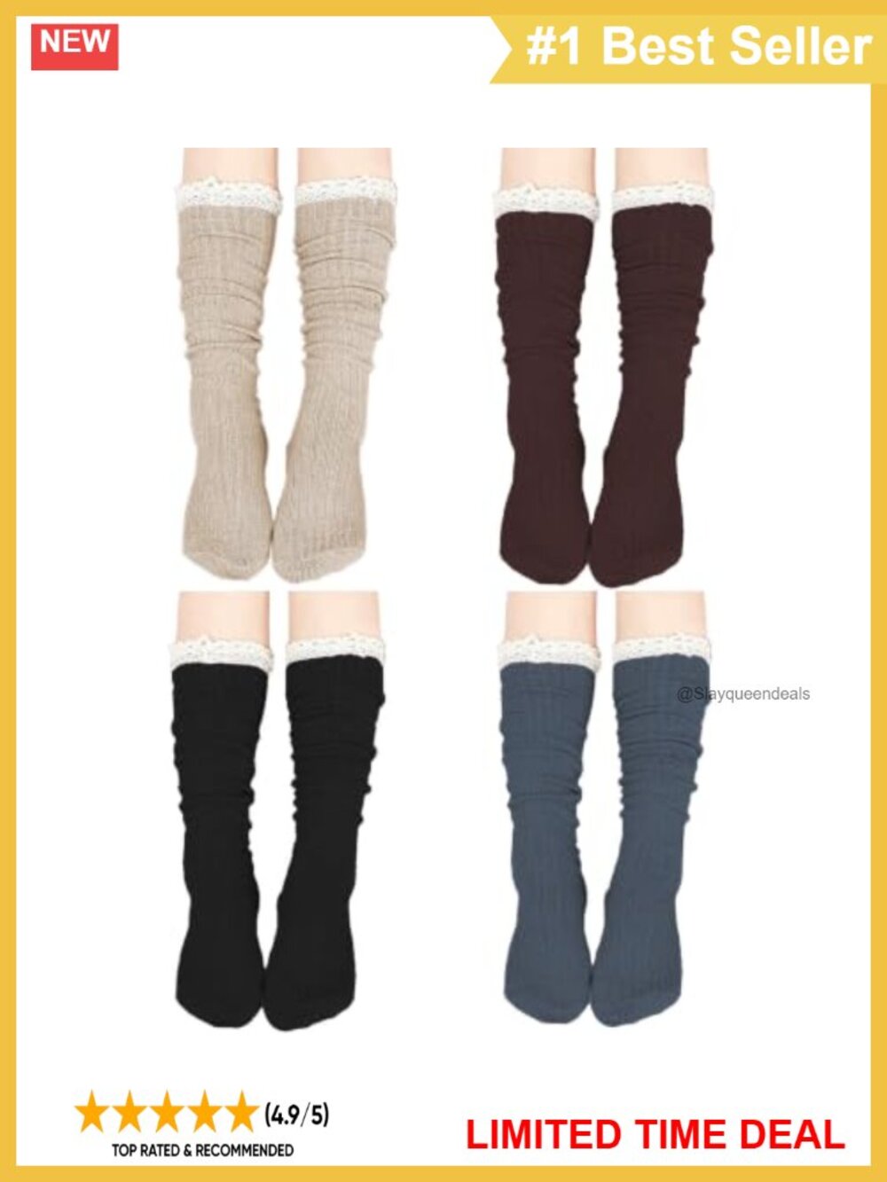 Knee High Cotton Blend Boot Socks Lace Trim Slouch Socks 4 Pairs